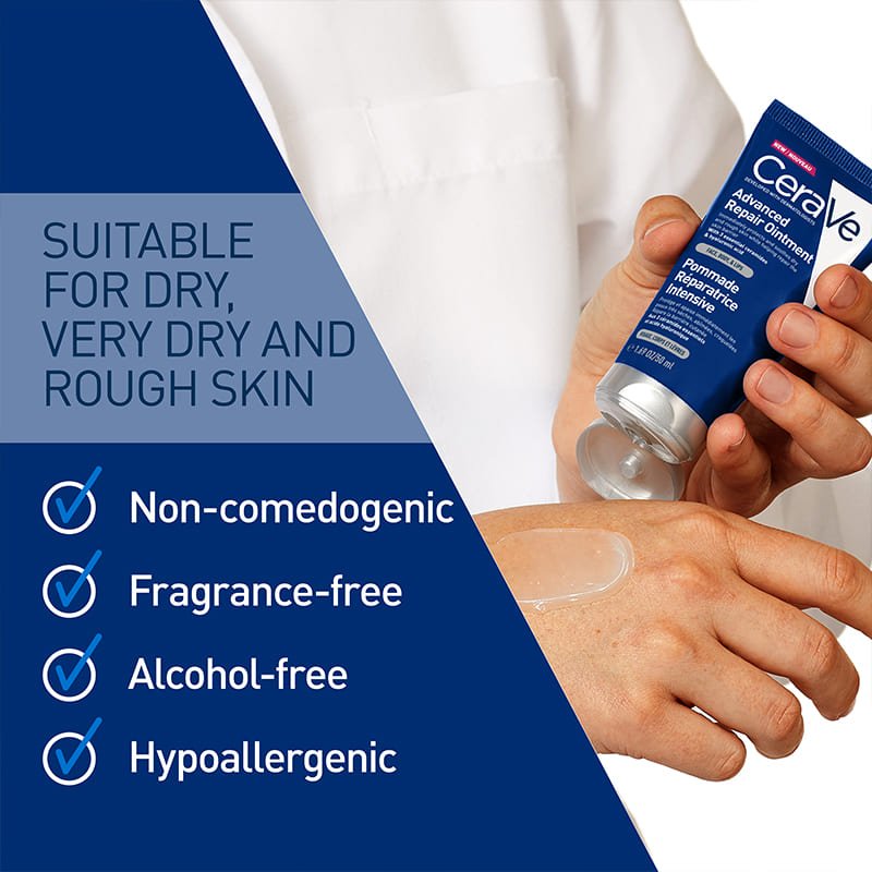CeraVe, Advanced Repair Ointment, Formulated for Very Dry, Rough, and Cracked Skin, Lightweight Formula with Ceramides and Hyaluronic Acid, Absorbs Easily, Soothing Relief, Instant Long-Lasting Hydration, Locks in Moisture