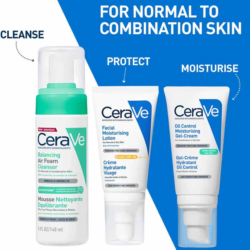 CeraVe Skincare Routine for Normal to Combination Skin, CeraVe Balancing Air Foam Facial Cleanser, Facial Moisturising Lotion SPF 50, Oil Control Moisturising Gel-Cream