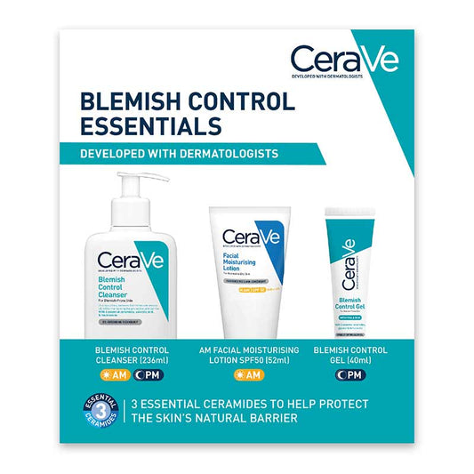 CeraVe Blemish Control Essentials Gift Set, skincare, must haves, healthy clear skin, Blemish Control Cleanser, Facial Moisturising Lotion AM SPF 50, Blemish Control Gel, expertly developed, appearance, visibly clearer, natural barrier.