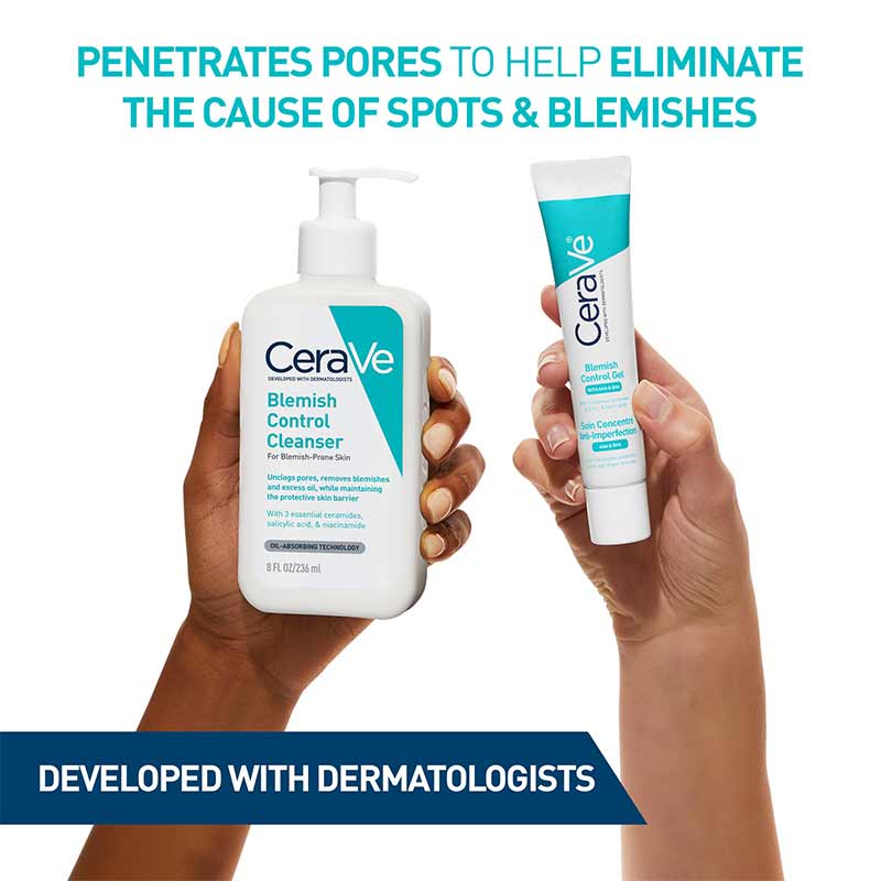 CeraVe Blemish Control Essentials Gift Se, blemish control cleanser, blemish control gel, penetrates pores, eliminate acne causing impurities, spots, blemishes, dermatologists  