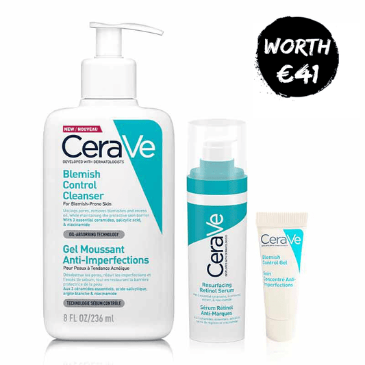 CeraVe Blemish Control trio, tackle acne and blemishes, Blemish Control Cleanser, Resurfacing Retinol Serum, FREE mini Blemish Control Gel, clear, healthy-looking skin