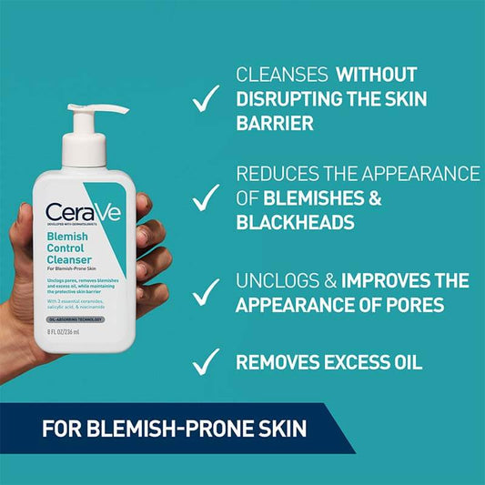 Cerave, blemish control cleanser, for blemish prone skin, reduce blackheads, unclog pores, remove excess oil skincare