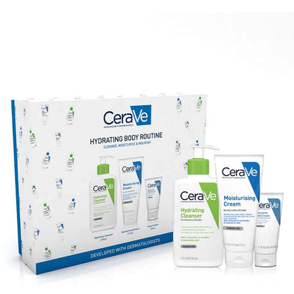 CeraVe Hydrating Body Routine Gift Set | body care skin routine | luxury care | thoughtfully curated collection | three hydrating bestsellers | nourish, strengthen skin's natural barrier | normal to dry skin | gift of rejuvenation, hydration.