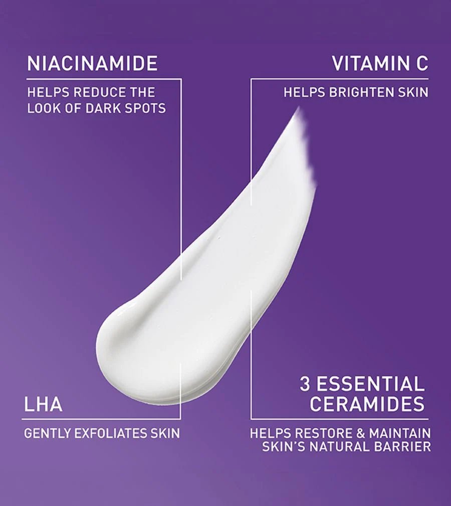 CeraVe Vitamin C Brightening Lotion 3 image of the texture of the lotion, the text on screen says the 4 ingredients, Niacinamide, Vitamin C, LHA and 3 Essential Ceramides
