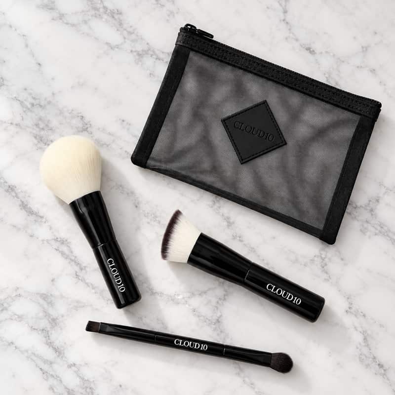 Cloud 10 On the Go Travel Brush Set displayed on a marble tile background