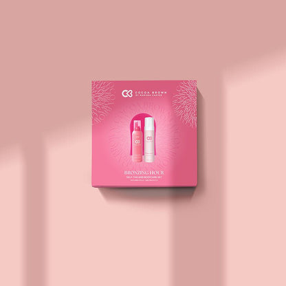 Cocoa Brown Bronzing Hour Self Tan Gift Set Pale Pink Background