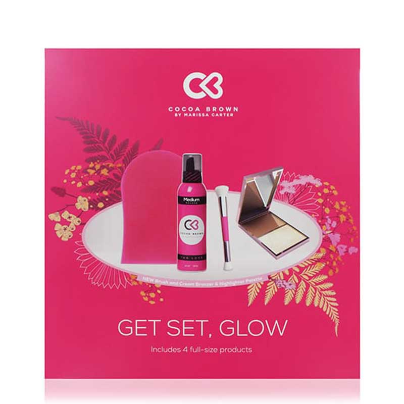  Cocoa Brown |Glow | Gift Set | self tan | mousse | Applicator Mitt | Bronzer | Highlighter | Palette | double ended | brush