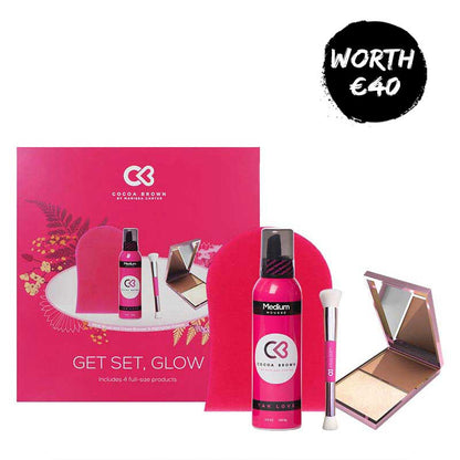 Cocoa Brown |Glow | Gift Set | self tan | mousse | Applicator Mitt | Bronzer | Highlighter | Palette | double ended | brush