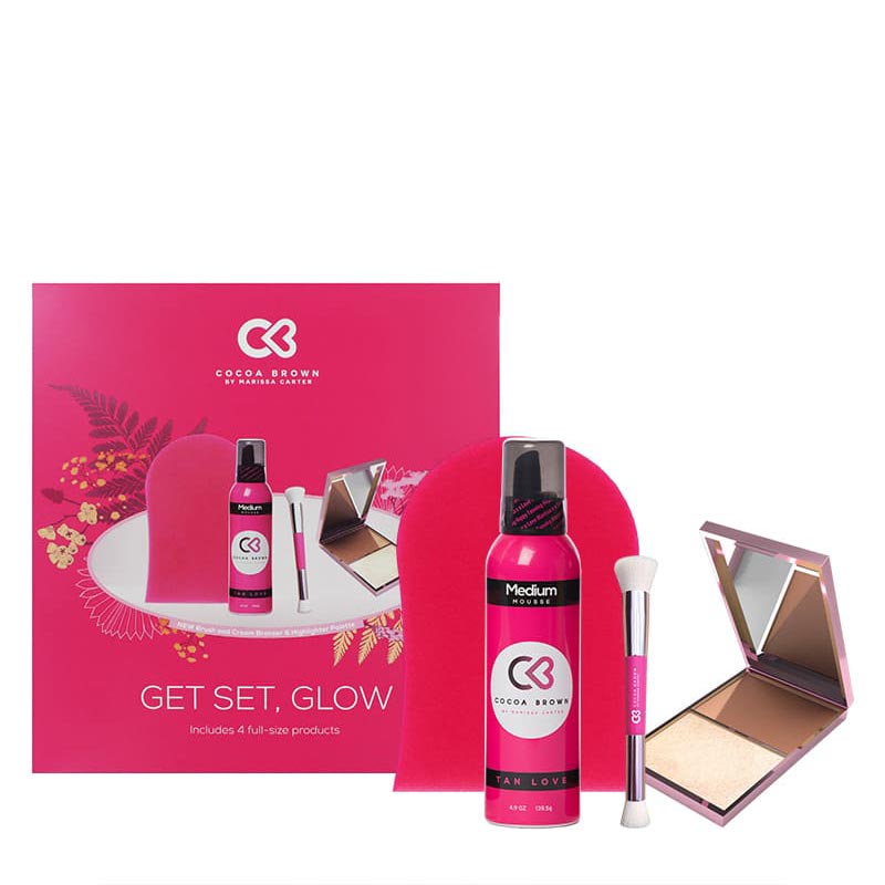  Cocoa Brown |Glow | Gift Set | self tan | mousse | Applicator Mitt | Bronzer | Highlighter | Palette | double ended | brush