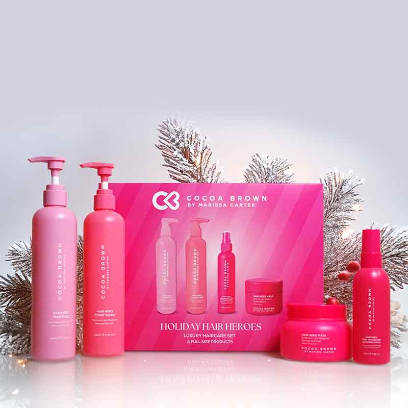 Cocoa Brown Holiday Hair Heroes Luxury Haircare Set Snowy Tree Background