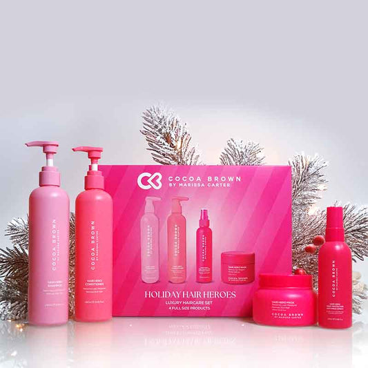 Cocoa Brown Holiday Hair Heroes Luxury Haircare Set Snowy Tree Background