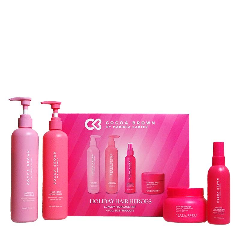 Cocoa Brown Hollyday Hair Heroes Luxury Haircare Set White Background