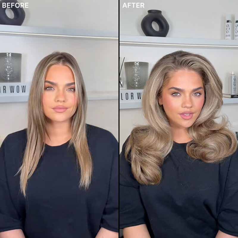Before and after hair transformation comparison of a woman with long, straight blonde hair on the left and voluminous, wavy blonde hair on the right, shown in a split-screen format.