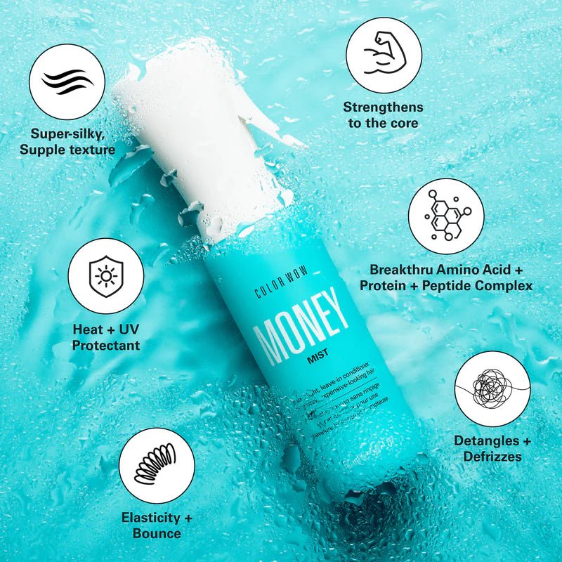 Color Wow, Color Wow Money Mist Leave In Conditioner, hydrating hair mist, leave-in conditioner, Color Wow Money Mist, hair strengthening, heat protection, glossy hair, lightweight mist, curly hair care, smooth hair, hair elasticity, hair repair, anti-breakage