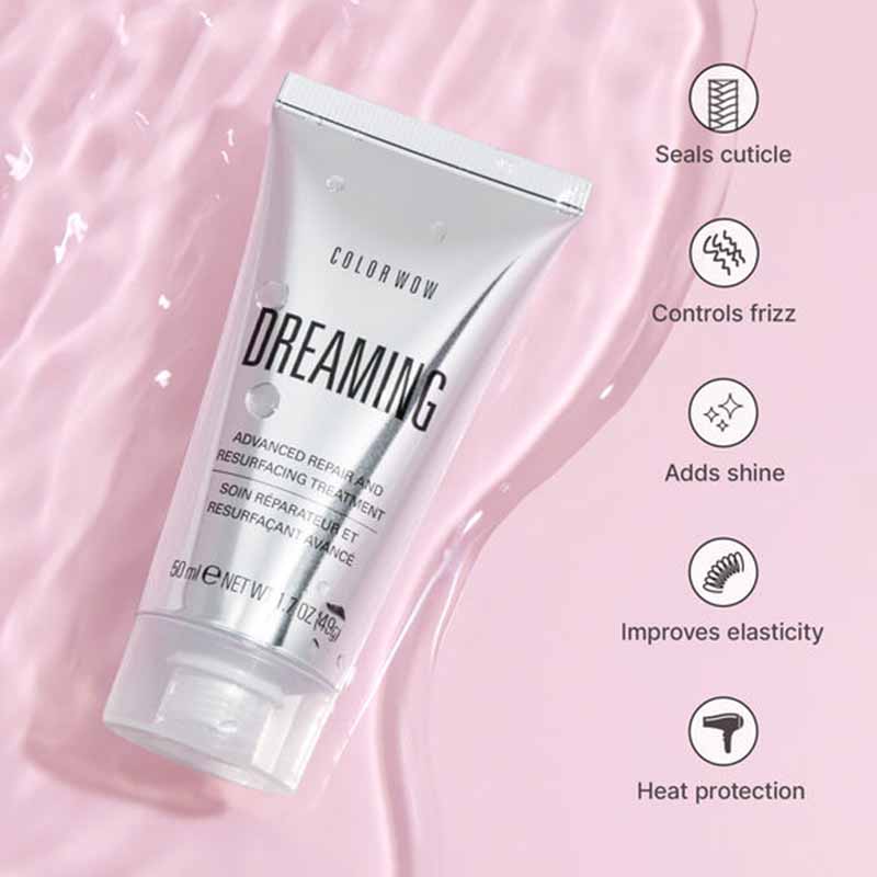 A squeeze tube of Colorwow Dreaming Resurfacing Treatment on a pink liquid background with feature callout icons on the right.