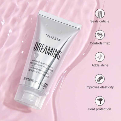 A squeeze tube of Colorwow Dreaming Resurfacing Treatment on a pink liquid background with feature callout icons on the right.