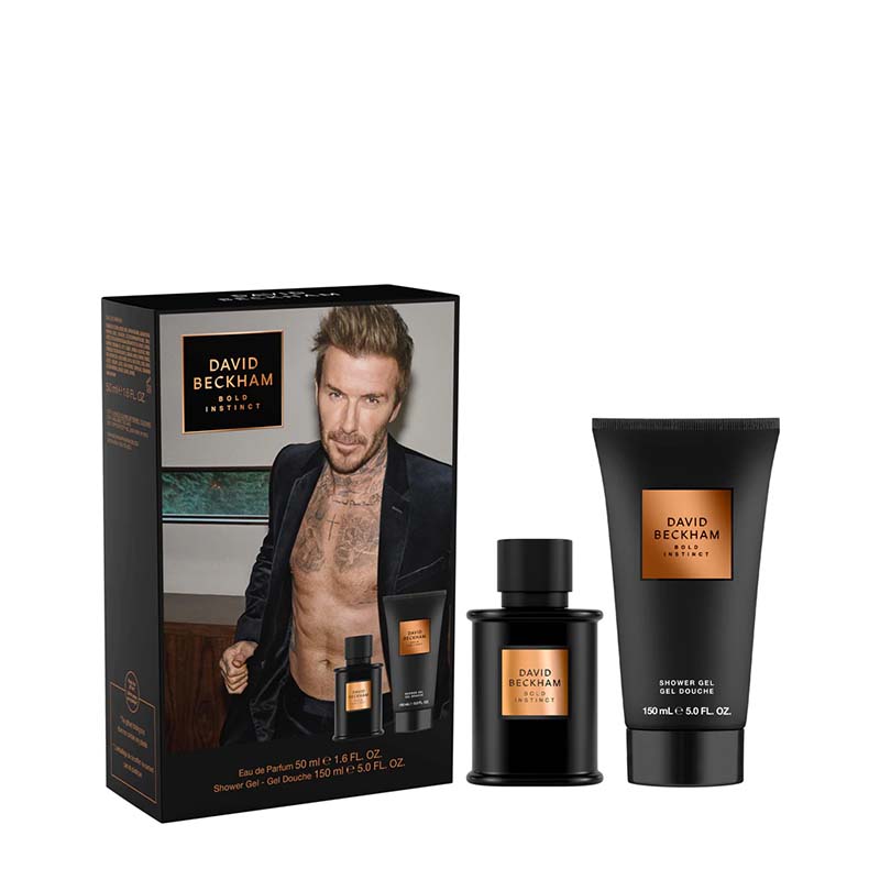 David Beckham London Shower Gel and matching body wash set, featuring a black box with a model photo, a black bottle, and a black tube with metallic bronze labels, on a white background.