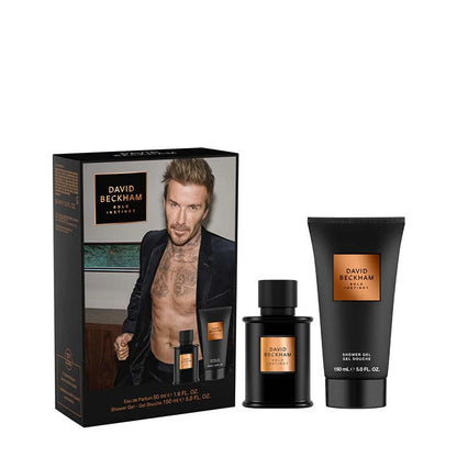 David Beckham London Shower Gel and matching body wash set, featuring a black box with a model photo, a black bottle, and a black tube with metallic bronze labels, on a white background.