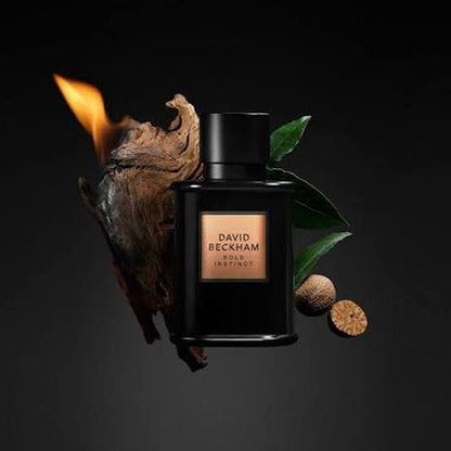 A black David Beckham Elixir Instinct perfume bottle with a gold label, styled with a burning piece of wood, green leaves, and two brown botanical pods on a dark background.