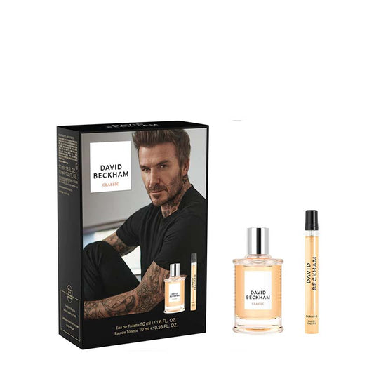 David Beckham Smokey Eau de Toilette gift set featuring a black box with a photo of David Beckham, a 1.8 fl.