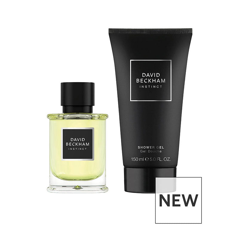 David Beckham Instinct shower gel and matching perfume bottle set on a white background, with a 'NEW' badge overlay.