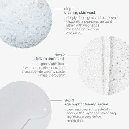 Dermalogica | Clear + Brighten | Kit | solution | stressed skin | congestion | breakouts | uneven skin tone | Daily Microfoliant | AGE Bright Clearing Serum | Clearing Skin Wash | clear | healthy | travel friendly 
