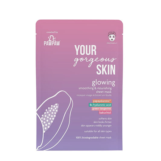 Dr Paw Paw Your Gorgeous Skin Glowing Sheet Mask | go-to skincare treatment | radiant | age-defying complexion | biodegradable sheet mask | nourishing | age-renewal solution | suitable for all skin types.