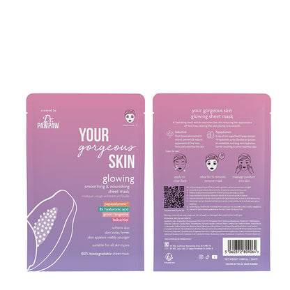 Dr Paw Paw Your Gorgeous Skin Glowing Sheet Mask | go-to skincare treatment | radiant | age-defying complexion | biodegradable sheet mask | nourishing | age-renewal solution | suitable for all skin types.