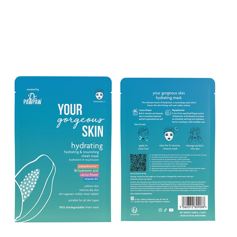 Dr Paw Paw Your Gorgeous Skin Hydrating Sheet Mask | ultimate hydration solution | radiant | soft | deeply moisturized complexion | biodegradable sheet mask | suitable for all skin types.