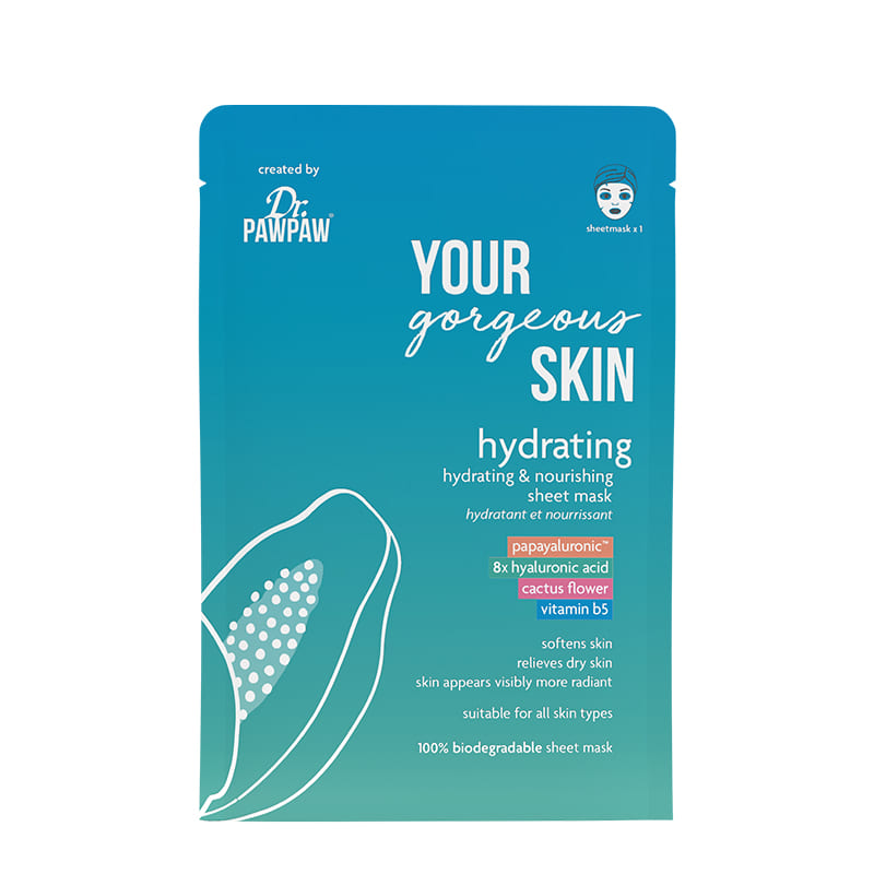 Dr Paw Paw Your Gorgeous Skin Hydrating Sheet Mask | ultimate hydration solution | radiant | soft | deeply moisturized complexion | biodegradable sheet mask | suitable for all skin types.