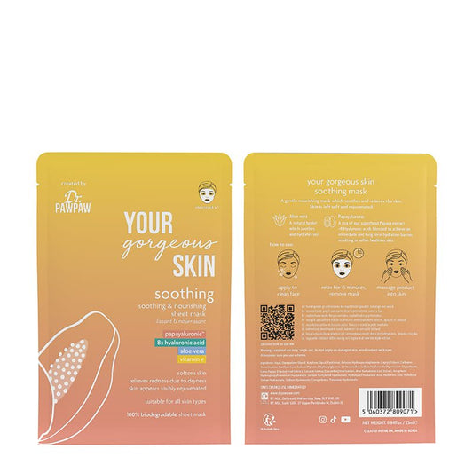 Dr Paw Paw Your Gorgeous Skin Soothing Sheet Mask | soothing | hydrating | anti-inflammatory benefits | skin soft | supple | refreshed | weekly skincare regimen | luxurious | nourishing treat | skin deserves it.
