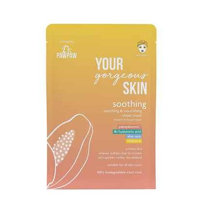 Dr Paw Paw Your Gorgeous Skin Soothing Sheet Mask | soothing | hydrating | anti-inflammatory benefits | skin soft | supple | refreshed | weekly skincare regimen | luxurious | nourishing treat | skin deserves it.