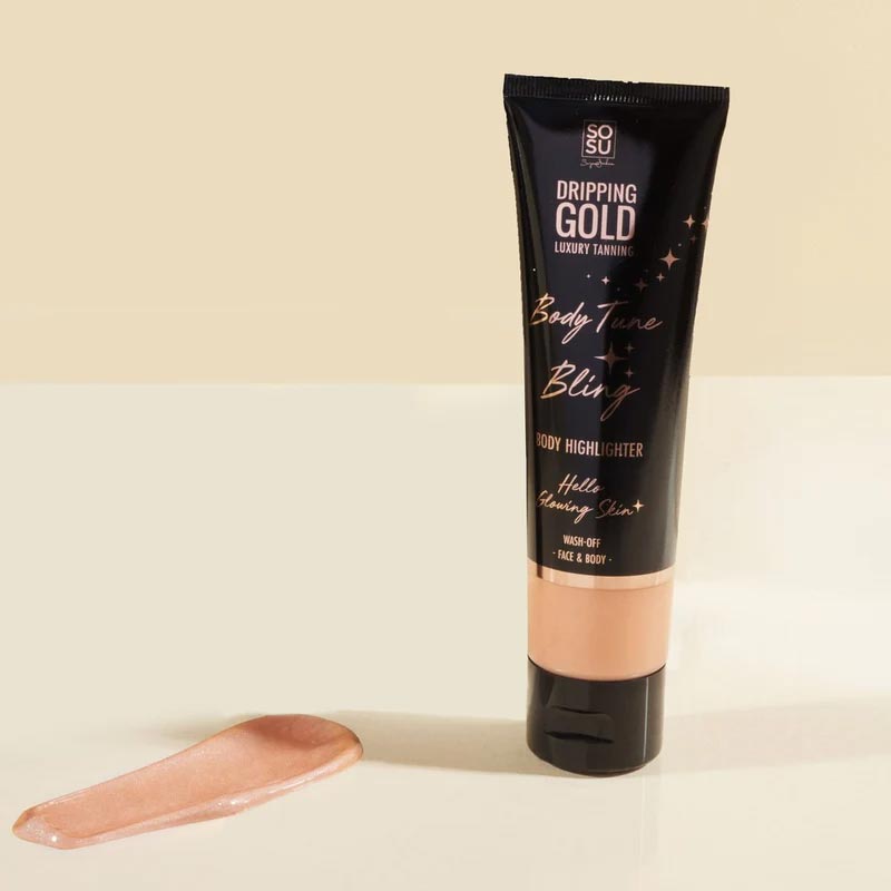 Dripping Gold | Body Tune | Bling | Body Highlighter | wash-off | illuminating | highlighter | travel-friendly | bottle | blendable | formula | champagne | gold | pink | face | body