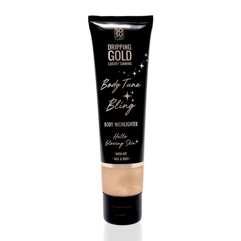 Dripping Gold | Body Tune | Bling | Body Highlighter | wash-off | illuminating | highlighter | travel-friendly | bottle | blendable | formula | champagne | gold | pink | face | body