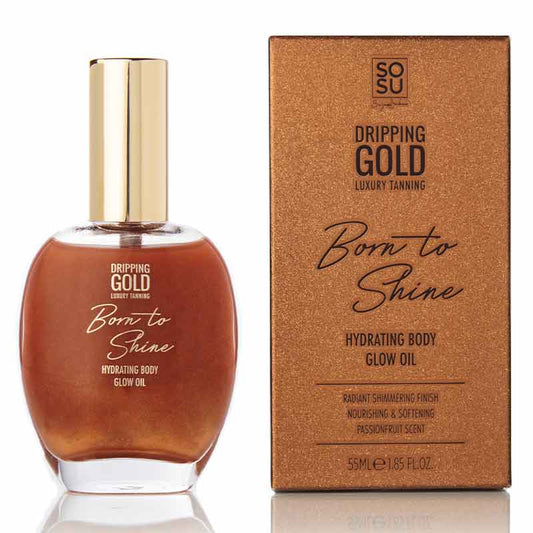 SOSU by Suzanne Jackson Dripping Gold Born To Shine Hydrating Body Glow Oil is a super shimmering body oil that hydrates the skin and gives an illuminated, radiant shimmer on the skin. | self tan oil