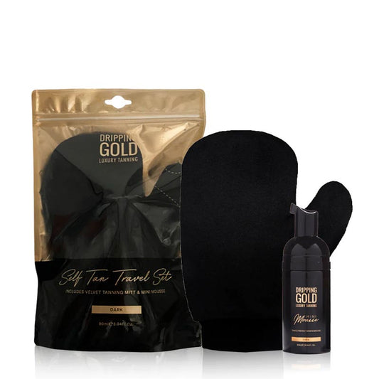 Dripping Gold Self Tan Travel Set | perfect | getaway | luxury | tanning | staples | mini mousse | velvet mitt | dark | ready | wear | deep golden glow | ideal partner | streak-free tanning | Glow on-the-go!
