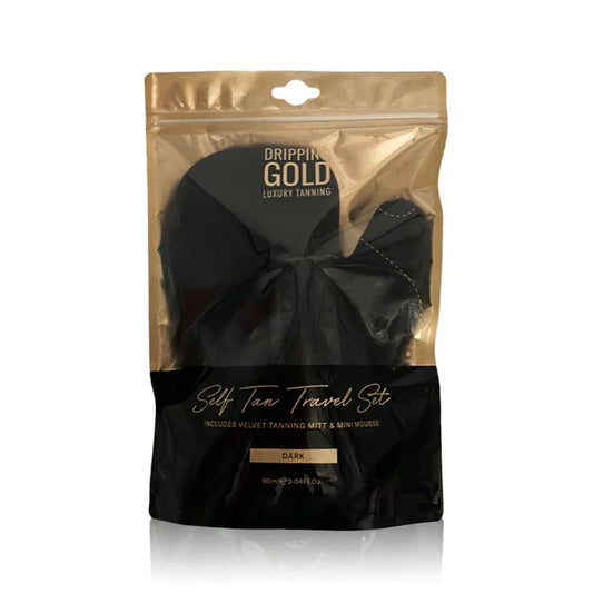 Dripping Gold Self Tan Travel Set | vacation | getaway | luxury | tanning | staples | mini mousse | velvet mitt | dark | deep golden | ideal | streak-free | Glow on-the-go!