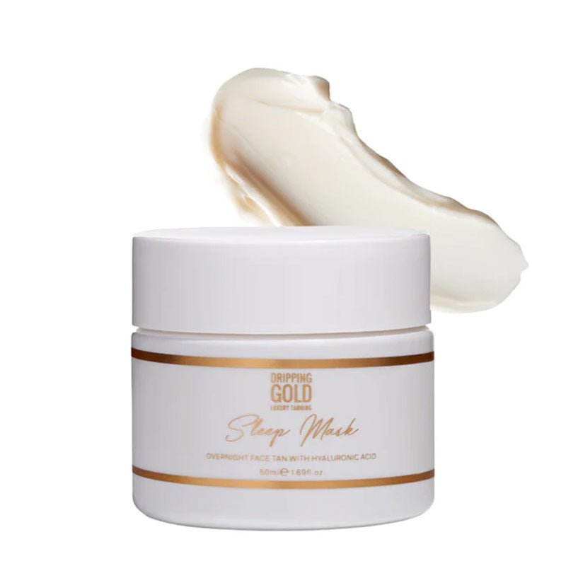 Dripping Gold Sleep Mask | Overnight Face Tan with Hyaluronic Acid | overnight skin mask | hydrates | skin | develops into a gorgeous glow | works as you sleep | hydrating | skin-loving ingredients | hyaluronic acid | vitamins B and E | nourished | bronzed glow. 
