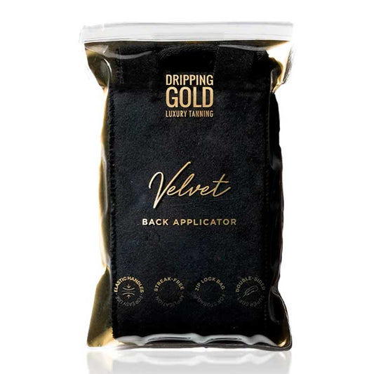 Dripping Gold | Velvet | Back | Tan |Applicator | flawless | streak-free | luxurious | effortless | tan | elastic handles | super-soft | feel | designed | even | all over | double sided | go-to | tool
