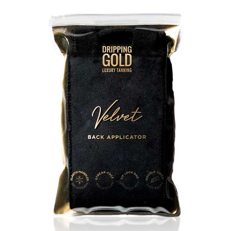 Dripping Gold | Velvet | Back | Tan |Applicator | flawless | streak-free | luxurious | effortless | tan | elastic handles | super-soft | feel | designed | even | all over | double sided | go-to | tool 