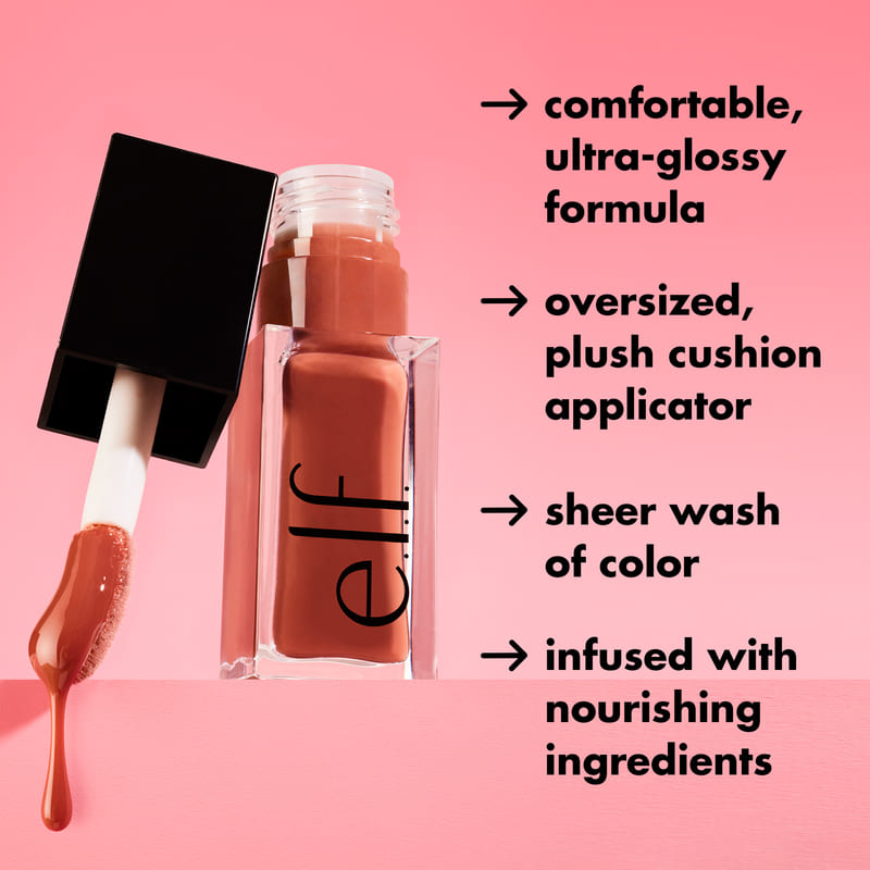 e.l.f. Glow Reviver Lip Oil | Nourishing tinted lip oil | High-shine finish | Hydrates lips | Enhances natural color | Oversized plush cushion applicator | Infused with Squalane, Apricot oil, Avocado oil, Jojoba oil, and Pomegranate oil | Sheer wash of color | Refreshing minty scent | Wear alone or over lipstick | Vegan & Cruelty-Free
