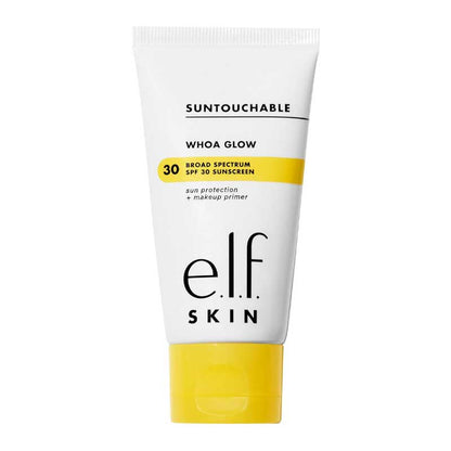 e.l.f Skin Suntouchable! Whoa Glow SPF 30 | glowy sunscreen and makeup primer | lightweight | broad-spectrum protection | radiant glow | non-greasy | hydrating | wear alone or under makeup