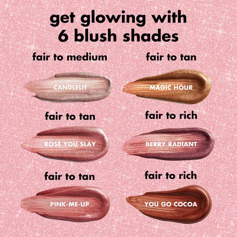 e.l.f. | Halo Glow | Blush |  Beauty Wand | luminous | pigmented | squalane | luminous | lightweight texture | flushed | pop of color | cushion-tip applicator | hydration | radiant | glowing | Candlelit | Rosé You Slay | Magic Hour | Berry Radiant