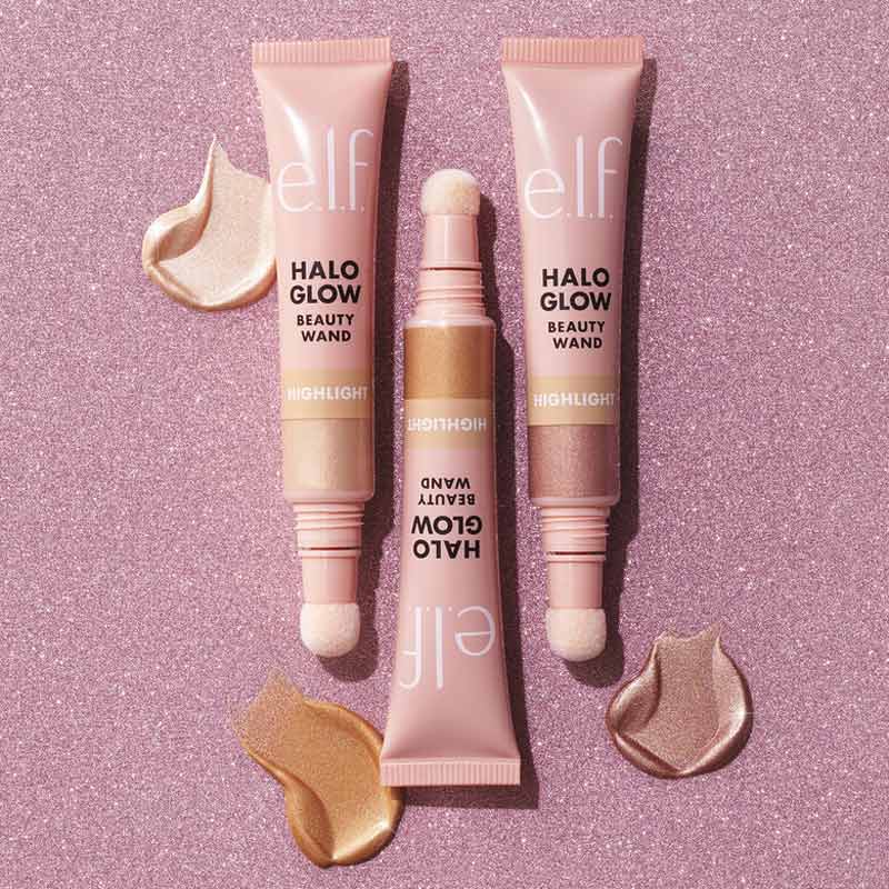 e.l.f. | Halo Glow | highlight |  Beauty Wand | luminous | squalane | luminous | lightweight texture | flushed | buildable | cushion-tip applicator | hydration | radiant | glow | moisturize | champagne campaign | rose quartz | liquid gold