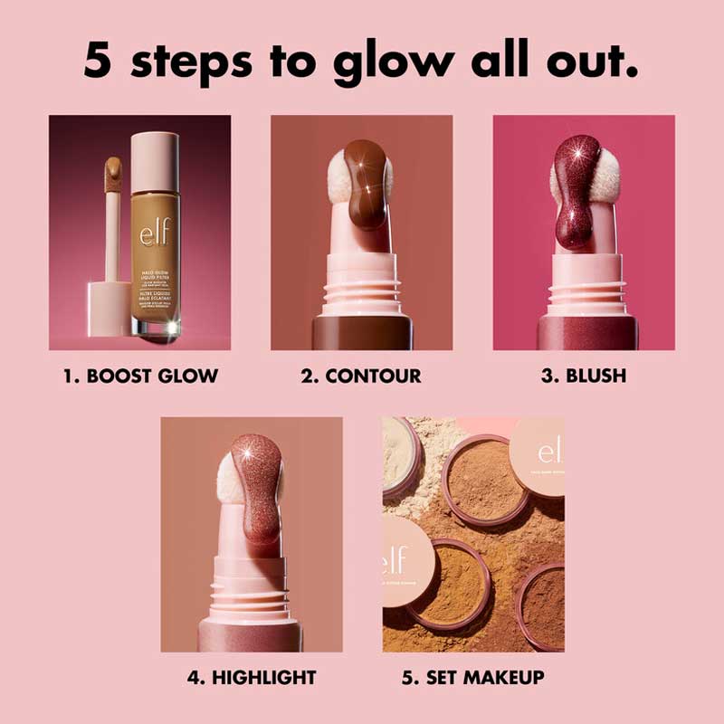 e.l.f. | Halo Glow | highlight |  Beauty Wand | luminous | squalane | luminous | lightweight texture | flushed | buildable | cushion-tip applicator | hydration | radiant | glow | moisturize | champagne campaign | rose quartz | liquid gold