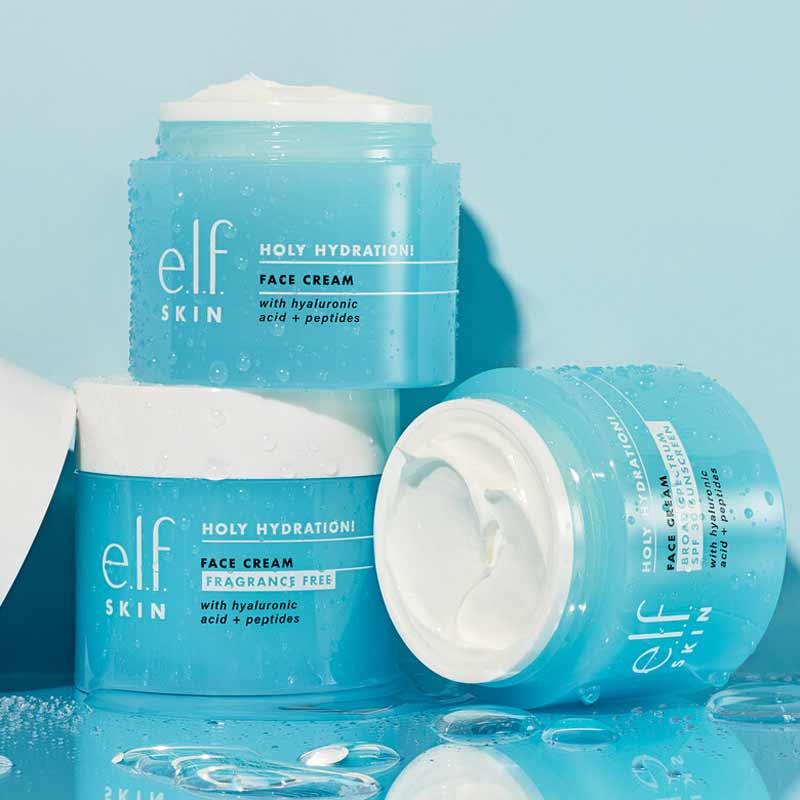 e.l.f. | Holy Hydration! | Face Cream | SPF 30 | lightweight | nourishment | broad-spectrum | hyaluronic acid | niacinamide | peptides | daily moisturizer | all skin types | soft | smooth | plump | non-greasy | base for makeup | vegan | cruelty-free | sulfate-free | paraben-free