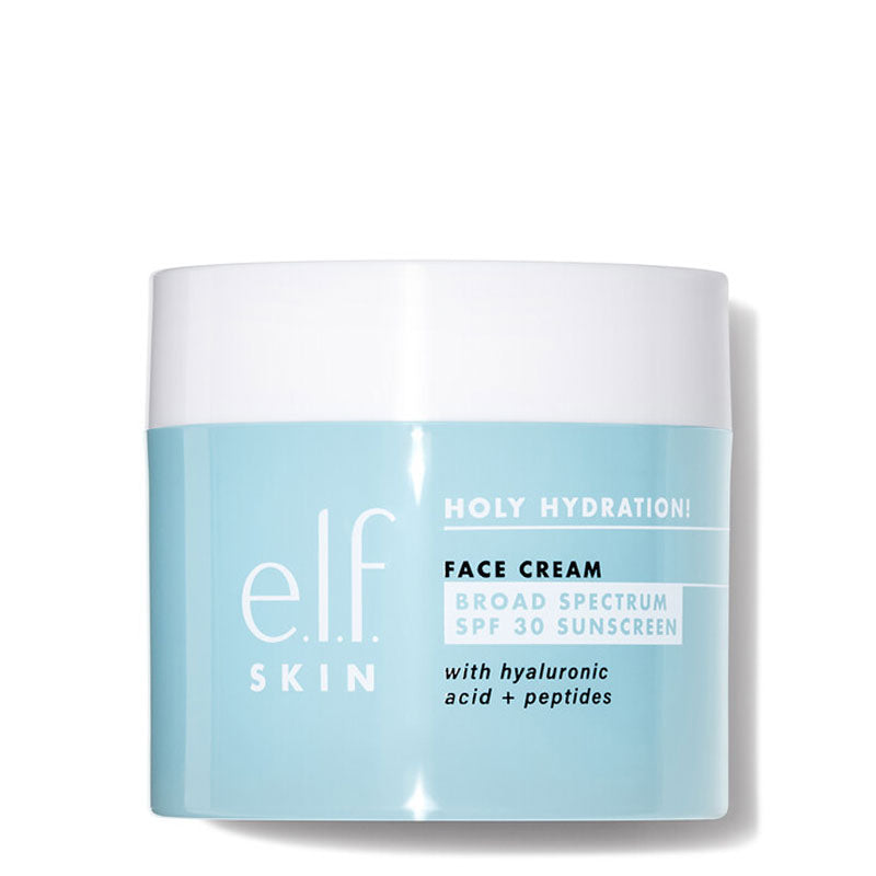 e.l.f. | Holy Hydration! | Face Cream | SPF 30 | lightweight | nourishment | broad-spectrum | hyaluronic acid | niacinamide | peptides | daily moisturizer | all skin types | soft | smooth | plump | non-greasy | base for makeup | vegan | cruelty-free | sulfate-free | paraben-free