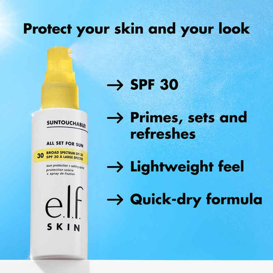 e.l.f Skin Suntouchable! All Set for Sun SPF 30 | all-in-one solution | broad-spectrum SPF 30 | quick-dry | sunscreen setting spray | primes, protects, refreshes, and sets makeup | long-lasting wear | natural finish