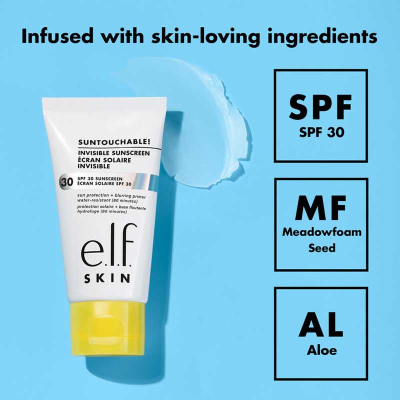 e.l.f Skin Suntouchable! Invisible Sunscreen SPF 30 | clear sunscreen and makeup primer | lightweight | velvety feel | broad-spectrum protection | blurs imperfections | smooth, matte finish