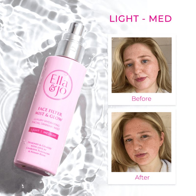 Ella & Jo | Face Filter Mist & Glow | Tanning Mist | effortless sun-kissed glow | hydrating ingredients | Hyaluronic Acid | Niacinamide | flawless tan | glowing golden tan | Light to Medium | Medium to Dark | skincare essential | bronzed complexion | natural-looking tan | Vitamin E | youthful glow | luminous glow | Hydrate & Glow Gradual Moisturiser | subtle golden glow | deeper bronzed tan | added warmth | depth | dimension